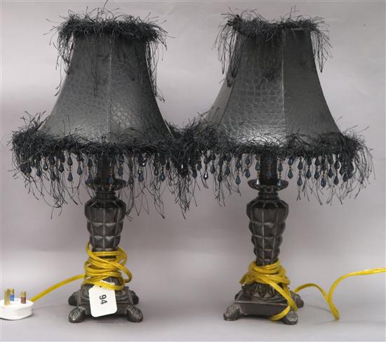 A pair of table lamps with faux crocodile black shades overall height 42cm